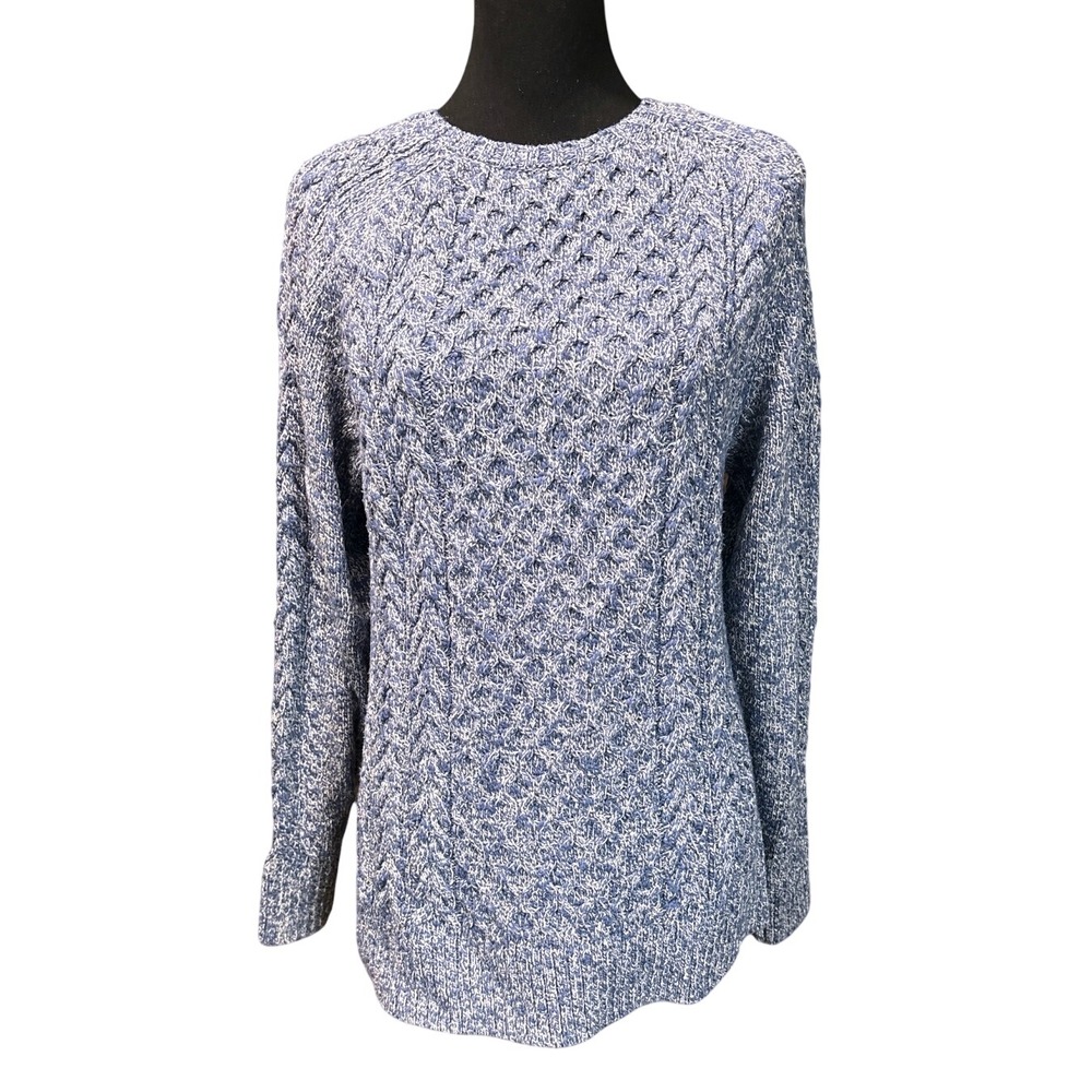 L.L. Bean Marled Blue & White Chunky Cable Knit Fisherman Sweater, Large, Preppy